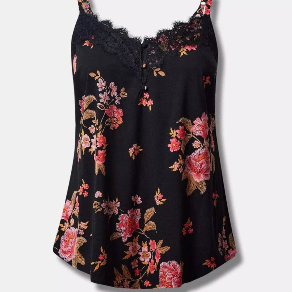 Torrid Ava Stretch Challis Lace Trim Cami Trompe loel floral NWT